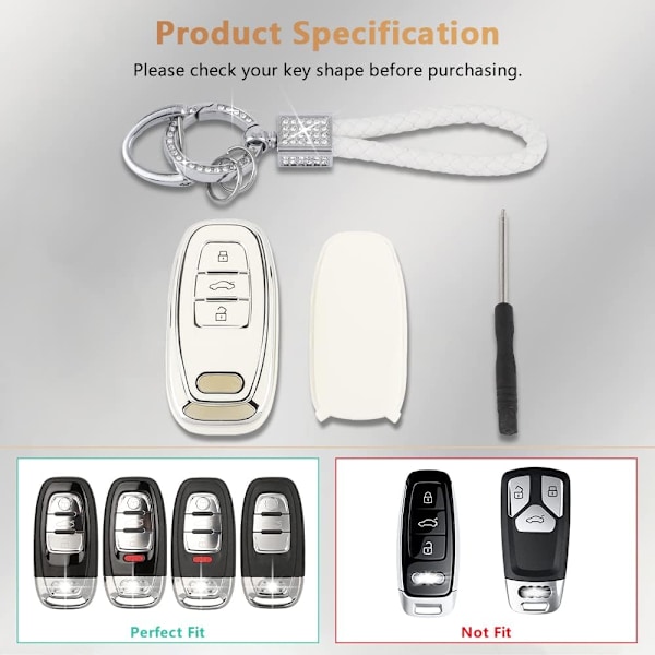 PIFOOG Nyckelringsskydd för Audi 4 knappar TPU Mjukt Nyckelfodral Skal Bling Nyckelring Biltillbehör för Audi Girly Kvinnor Vit Silver