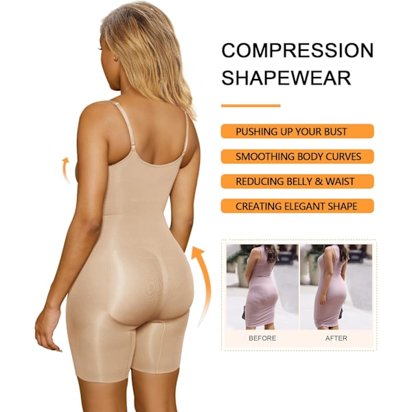 Shapewear-heldragt til kvinder med mavekontrol, sømløs formning og taljeformning Beige Mid Thigh XL