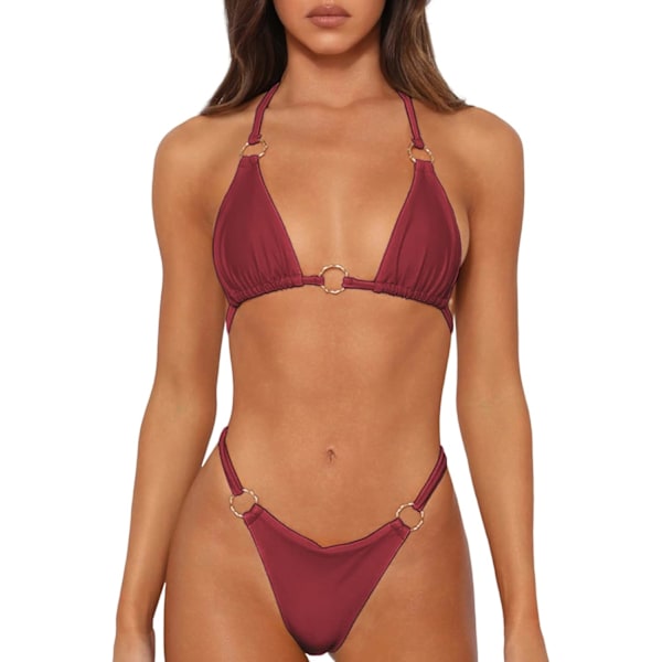 WJSMSexy Bikinis for Women 2 Piece Bikini Spaghetti Strap Swimsuits Solid Color Bathing Swimwear Triangle Bathing Suit Wine Red S