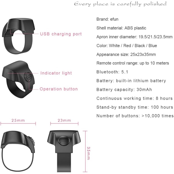 Laddningsbar Bluetooth 5.1 Smart Ring Selfie Fjärrkontroll för iPhone & Android Trådlös Fjärrkontroll Selfie Slutarsläpp White