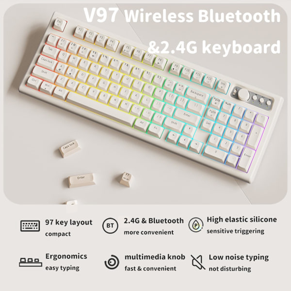 V97 Söpö Kermainen Näppäimistö, Bluetooth/2.4GHz Pelikäyttöön Langaton RGB-Taustavalaistuksella, Media-Nappi, Kaareva Runko, Ladattava Hiljainen Tietokoneen Näppäimistö white