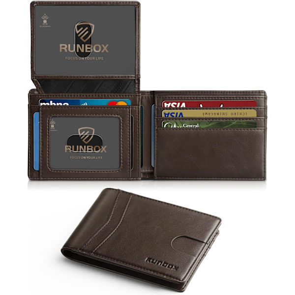 Herr Läder Bifold Stilren Plånbok för Män 15 Fack RFID-Blockering med 2 ID-Fönster Presentförpackning Classic Coffee