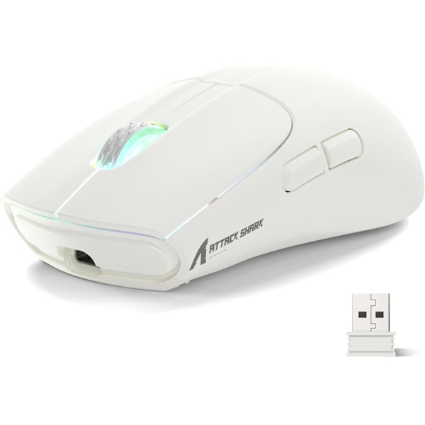 Trådlös Spelmus med Tri-lägen BT 5.1/2.4Ghz/USB-C, Lätt 49g, PAW3212 Optisk Sensor, Uppladdningsbart Batteri, RGB LED Bikake Mus White