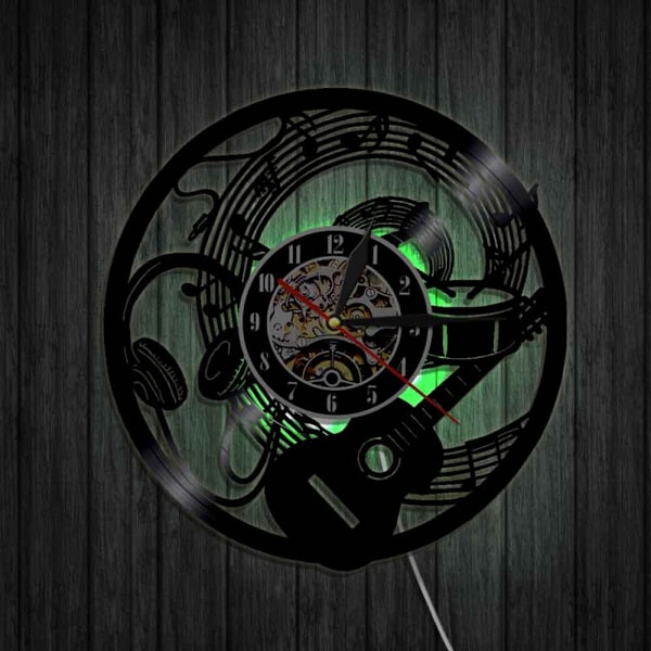 Musikvynil väggklocka - Gitarrhörlurar mönster LED-ljus väggklocka - Vinylklocka - Vardagsrumsväggdekor - Unika presenter till musikälskare