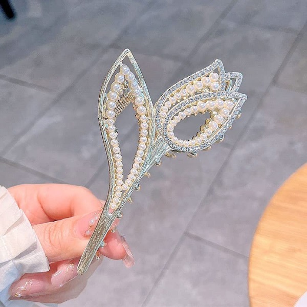 Blommiga hårklämmor, 1 st tulpanmetallhårklämma med pärla och strass Lyxig design Stora käftklämmor Fångstklämmor Starkt grepp Halkfria hårklämmor