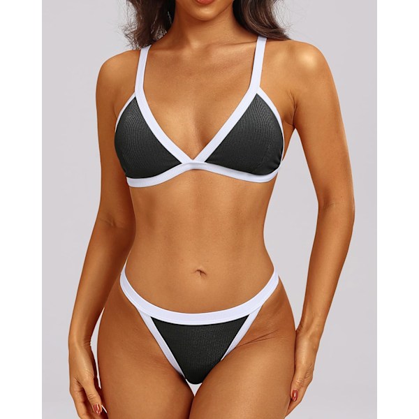 WJSM Kvinners Triangle Bikinisett Halter Todelt Sexy Badedrakt String Tie Side Badedrakt Black White L