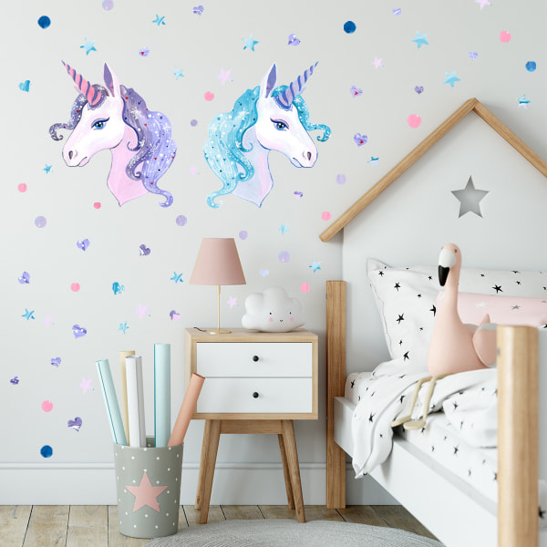 2Pack Unicorn väggdekaler - Avtagbara Unicorn väggdekaler med hjärtan och stjärnor, för födelsedagsfest, barnens sovrum, baby