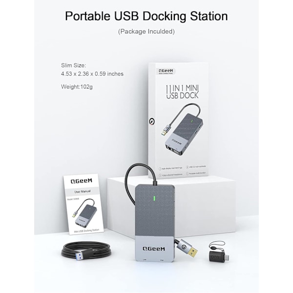 Triple Display USB Hub Dual Monitor, Dockingstation Kompatibel med MacBook M1 Dell HP Lenovo(2HDMI VGA SD TF Kortlæser Ethernet Lyd 2USB 3.0)