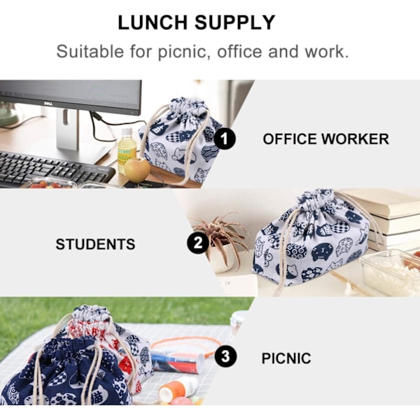 Snørepose Frokostpose Dobbeltlags Fortykket Japansk Stil Bento Tote Pouch Slik Gaveholder Pakke til Hjem Bryllup Fødselsdagsfest Hvid White 27Ã—19cm