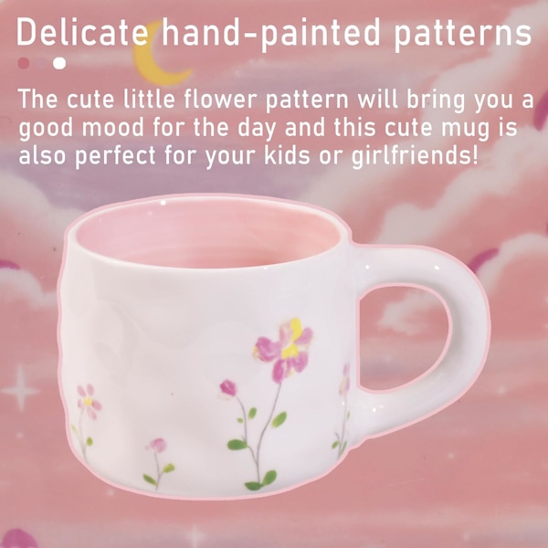 Rosa Blomster Kaffe Kanne Tekopp Søt Og Delikat Håndmalt Mønster Egnet For Jenter Tykk Keramikk 8oz