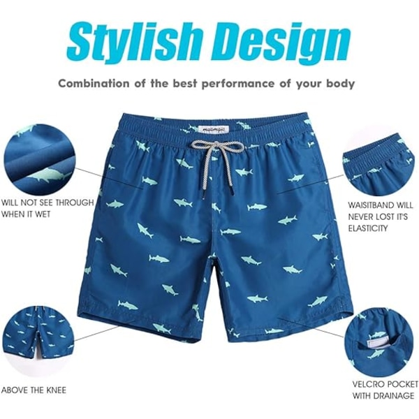 Herrebadebukser 7 Tommers Hurtigtørrende Trykte Shorts med Nettfôr Badetøy Badedrakter 5 Blue Shark M