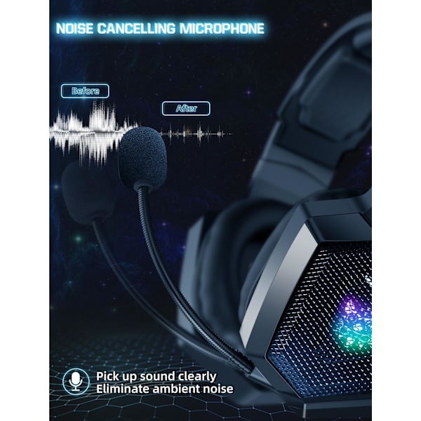 Gaming Headset med mikrofon, Gaming Hovedtelefoner Kompatibel til PS4 PS5 Xbox PC med RGB Lys, Playstation Headset med Støjreduktion 7.1 Surro Black