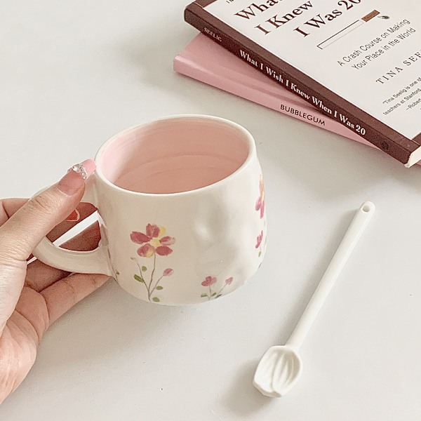 Rosa Blomster Kaffe Kanne Tekopp Søt Og Delikat Håndmalt Mønster Egnet For Jenter Tykk Keramikk 8oz