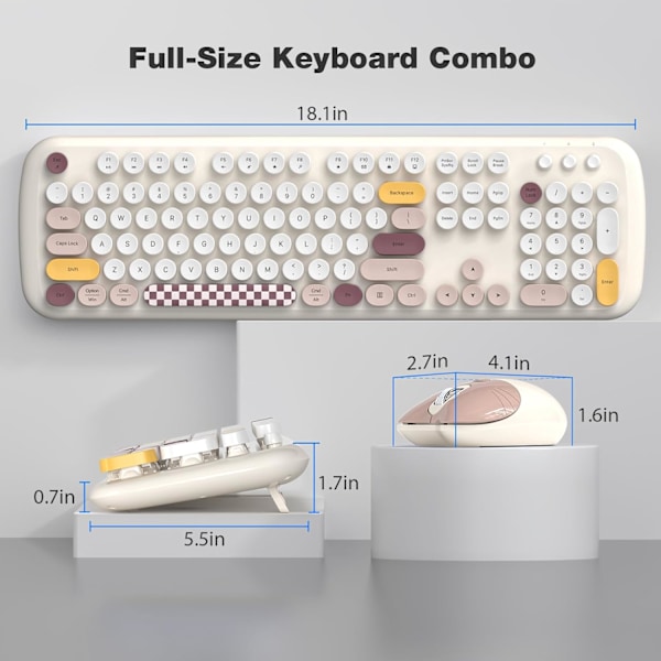 Trådlöst tangentbord och mus-set, 2.4G Full-Size Retro Skrivmaskins-tangentbord och 3-nivåers justerbar trådlös mus för Windows