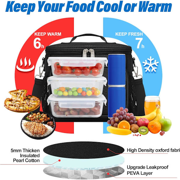 Lunchväska för kvinnor/män, isolerad lunchkylväska för vuxna, hopfällbar läckagesäker lunchväska med justerbar axelrem för arbete kontor picknick B Black Medium