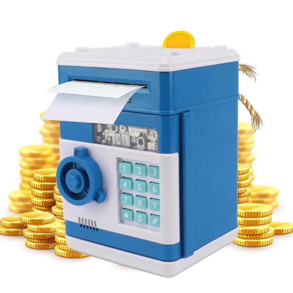 2 lägen ATM spargris digital elektroniskt papper pengar mynt säker låda spara kassaskåp med 7 musikspår för barn Blue