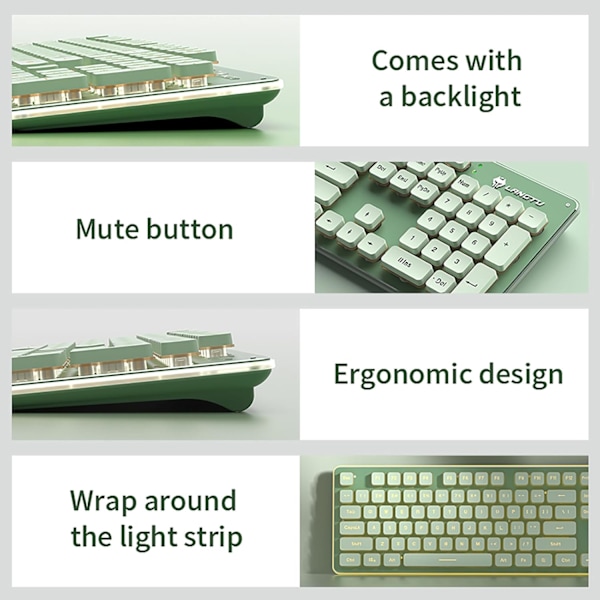Bakgrundsbelyst Trådlöst Tangentbord och Mus, Tyst Inmatning, Sömnläge, 2.4G Laddningsbart Datortangentbord och Optisk Musuppsättning för Laptop PC Green+warm light