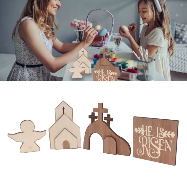 Påskbricka Bundle Kit Festlig Atmosfär Trä Påskdekoration för Hem Kyrka Kontor Bord Typ B