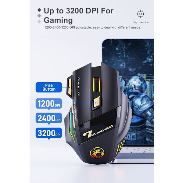 Trådlös Spelmus, Uppladdningsbar USB2.4G + Bluetooth Trådlös Mus, med 7-Färgad Regnbågsljus Optisk Effekt (Klassisk Svart)