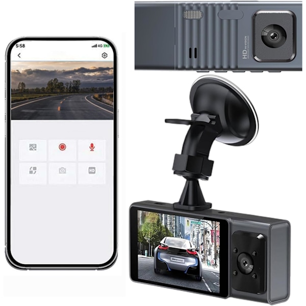 Dash Cam, WiFi 1080P FHD Bil Kjøreopptaker, Dobbel Objektiv Front og Innvendige Kameraer HD med Natt Syn& G Sensor&Parkeringsmonitor&Loop Opptak&Reve