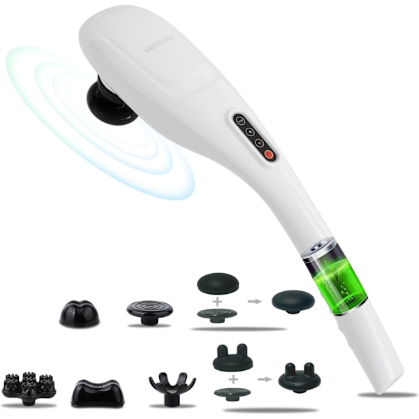 Trådløs håndholdt rygmassager med genopladeligt 3200mAh batteri, 5 hastigheder og 5 +2 massagehoveder med hårde, mellemhårde og 2 bløde silikonehoveder; Massage