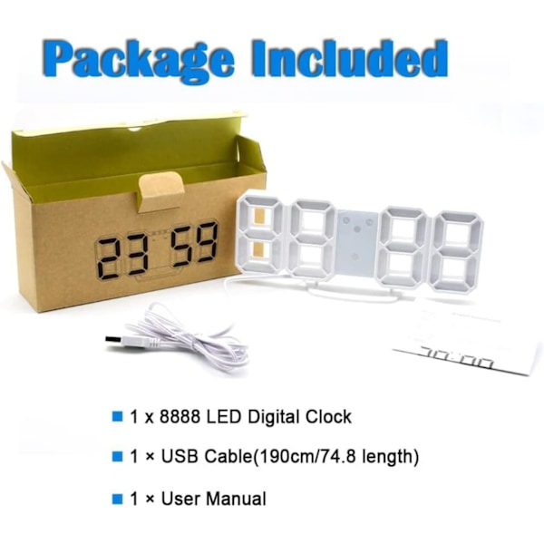 Uppgraderad modern 3D-väckarklocka, LED digital skrivbordsväckarklocka för kök, sovrum, kontor, modern design 9,7 tum LED vitt nattljus dekor vägg