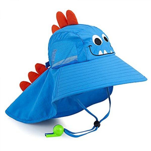 Kids Sun Hat UPF 50+ Boy Girl Protection Hat Wide Brim Beach Hats with Mesh and Adjustable Chin Strap--Dinosaur Blue