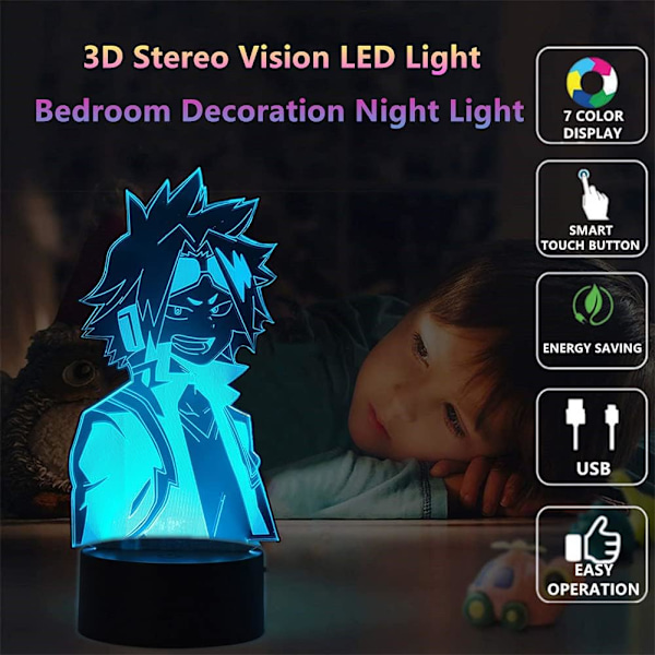 Anime My Hero Academia Kaminari Denki Tegneserie 3D Illusions nattlys, LED bordlampe, berørings-/fjernkontroll USB/batteridrevet belysning soverom H