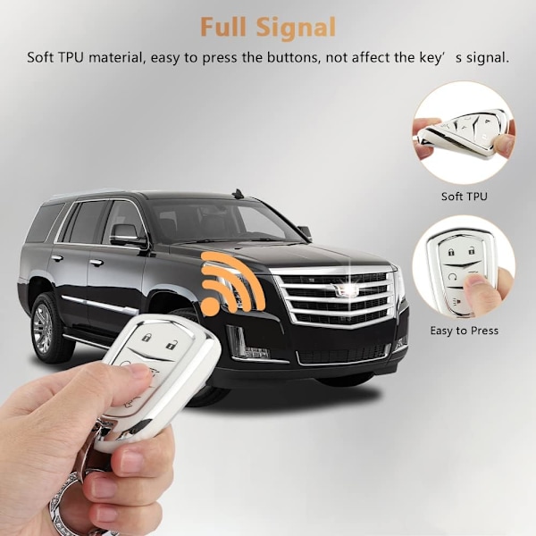 Escalade Nyckelringsskydd för Cadillac 6 Knapp Smart Keys Fodral Proektor Tillbehör TPU Mjuk Bling Nyckelring Vit Silver Girly Söt för Cadillac