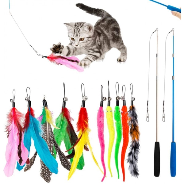 Cat Feather Toy, 2PCS Retractable Cat Wand Toys and 10PCS Replacement Teaser with Bell Refills, Interactive Catcher Teaser and Funny Exercise