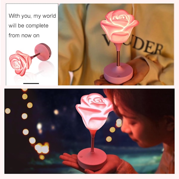 Blomsterbordlampe Stående Rosa Rose LED USB Sengelampe for Stue Kontor Lesing, Kreativ Valentinsdag Bursdagsgave til Elsker Kvinner