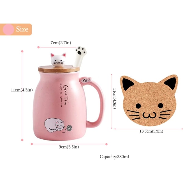 Kattmugg Söt keramisk kaffekopp med härligt Kitty-lock, Cat Paw-sked, kawaii-underlägg, Novelty Morning Cup Tea Milk Julmugg, Rosa