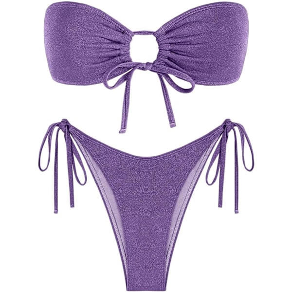 WJSM Dame Bandeau Bikini Sæt Binde Side Badetøj O Ring Cinched Stropløs Badedragt Halter Todelt Badedragt 446_purple Metalic L