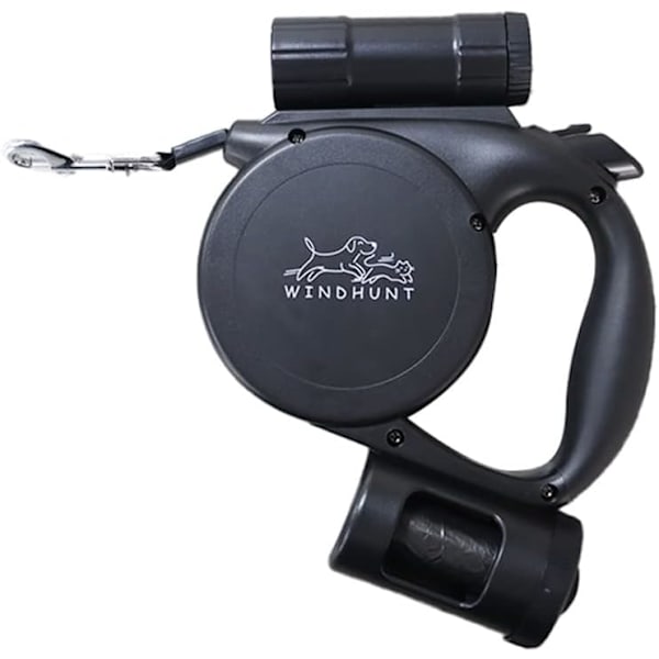 Inntrekkbar hundekobbel med lommelykt, dispenser og hundepose, kraftig nylonbånd for små, mellomstore hunder og katter, enhåndsbrems og lås. 360°Tang black