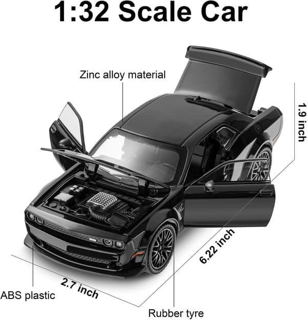 Hellcat Legetøjsmodelbil til Børn 1:32 Skala Dodge Challenger Trykstøbt Metal Legetøjsbiler til Træk Tilbage Modelbil Hellcat med Lyd og Lys Hellcat Bil
