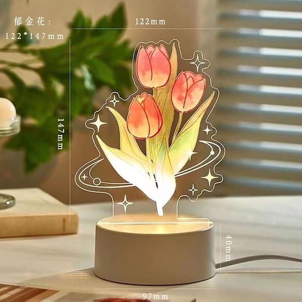 3D Tulipan Nattelys, 3 Fargeendring Dekorativt Nattelys, Tulipan Akryl Søvn Nattelys for Romdekorasjon. Beste Gaver til Mors Dag