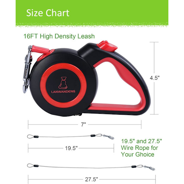 Bidsikre trækbar hundeline med 2 kraftige tyggefaste stålwirer, 16FT liner 360° knudrefri til 2 hunde, dobbelt hundeline til små/mellemstore/ Red M Medium