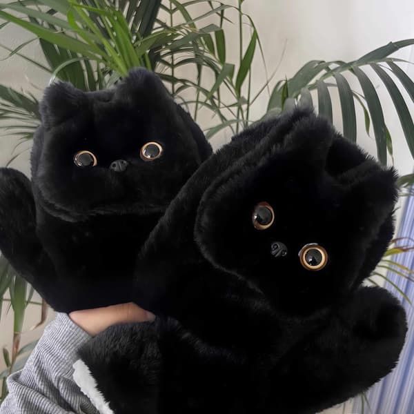 Furry vanter til kvinder med fleecefor, termiske bløde vinterhandsker til koldt vejr, Kawaii kat plysdesign, sort