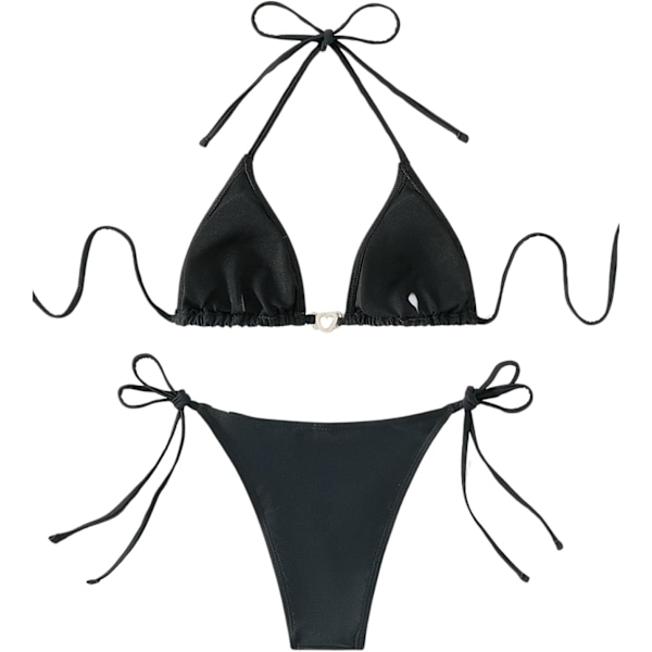 WJSM Kvinners Halterneck Tie Side Triangle Bikini Set Høy Snit 2 Delers Bikini Badetøy Rhinestone Black XL