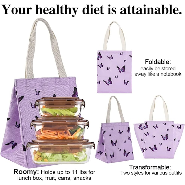 Isoleret frokostpose til kvinder, holdbar, bred, foldbar og bærbar frokostpose med indvendige lommer, vandafvisende termisk frokostkøler til voksne Purple Butterflies