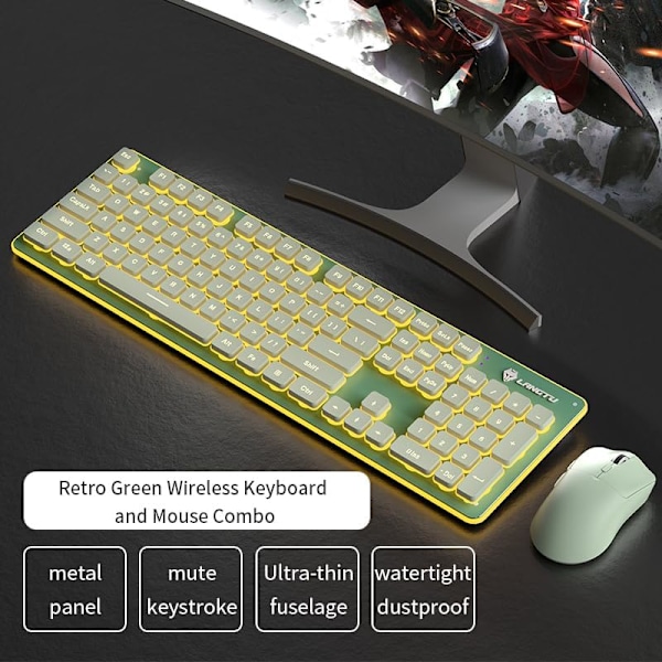 Bakgrundsbelyst Trådlöst Tangentbord och Mus, Tyst Inmatning, Sömnläge, 2.4G Laddningsbart Datortangentbord och Optisk Musuppsättning för Laptop PC Green+warm light