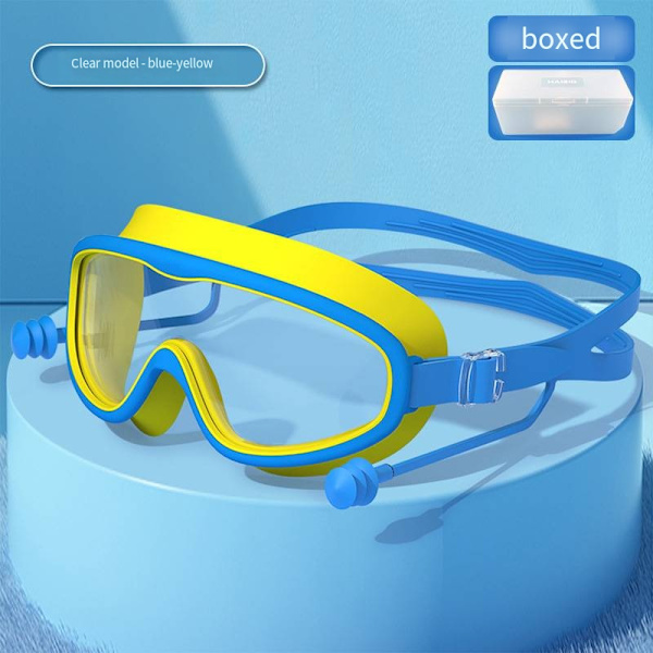 Voksne store ramme svømmebriller vanntette anti-tåke HD svømmebriller ett-stykke ørepropp silikon barn svømmebriller Yellow-boxed Kid