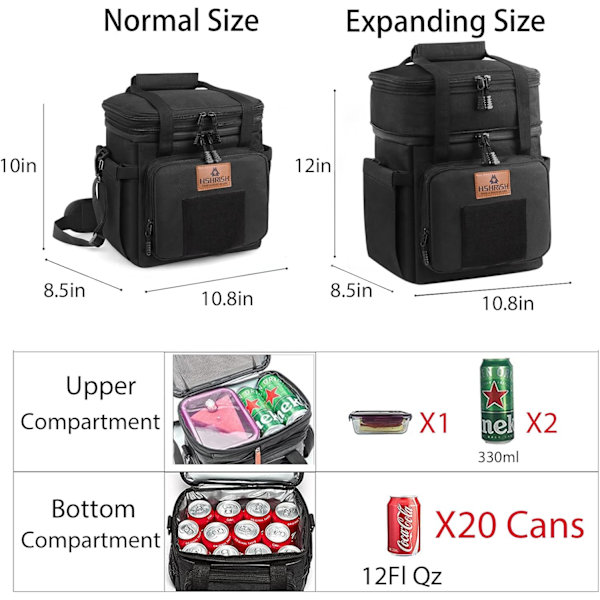Taktisk lunchlåda, stor expanderbar isolerad lunchväska, hållbar vattentät läckagesäker kylväska för vuxna/män/kvinnor/arbetsresor utomhus, 20 Black 15L