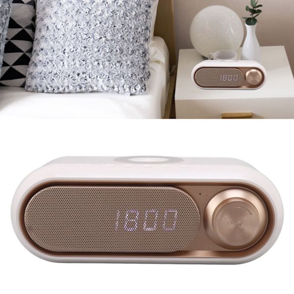 Trådlös laddning Bluetooth-högtalare LED digital väckarklocka FM-radio Bluetooth-högtalare med trådlös laddare vit spray guld 10W