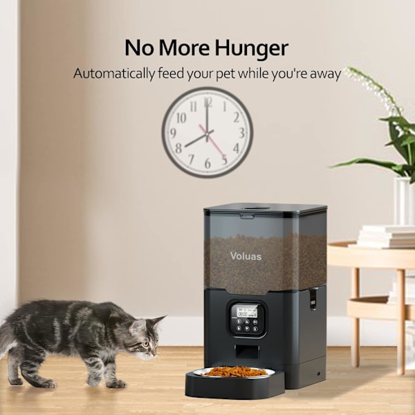 Kattmatautomat med timer, automatisk kattmatare med torkmedelspåse, programmerbar portionskontroll 4 måltider per dag, 10s röstinspelare Black Transparent1 6L