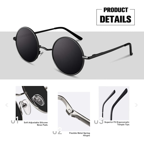 Runde solbriller til mænd og kvinder, retro 70'er polariserede hippie Lennon cirkel UV400 solbriller til mænd Black Frame Grey