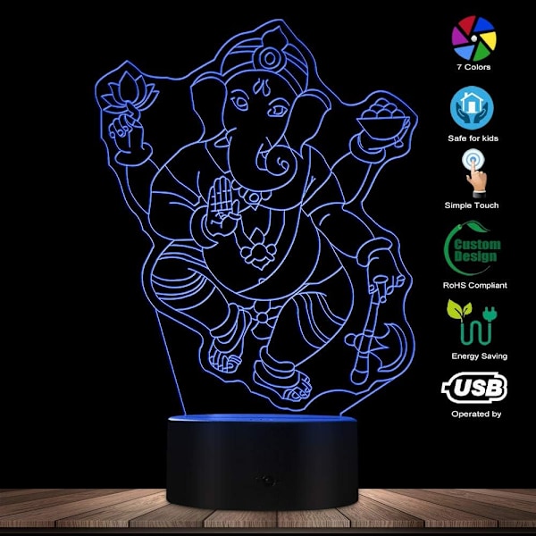 3D Ganesha-elefantti Hindu-valaisin pöytälamppu Ganesha Hindu Jumala LED-yövalo Henkinen Ganapati Uskonnollinen Elefantti Koristeellinen Valolamppu