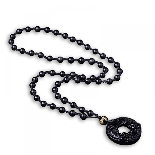 Luonnollinen obsidiaanidonitsi Rauhan solki PIXIU Amuletti Kaulakoru Riippuva luonnollisella helmiketjulla miehille Miehet（Obsidiaani）