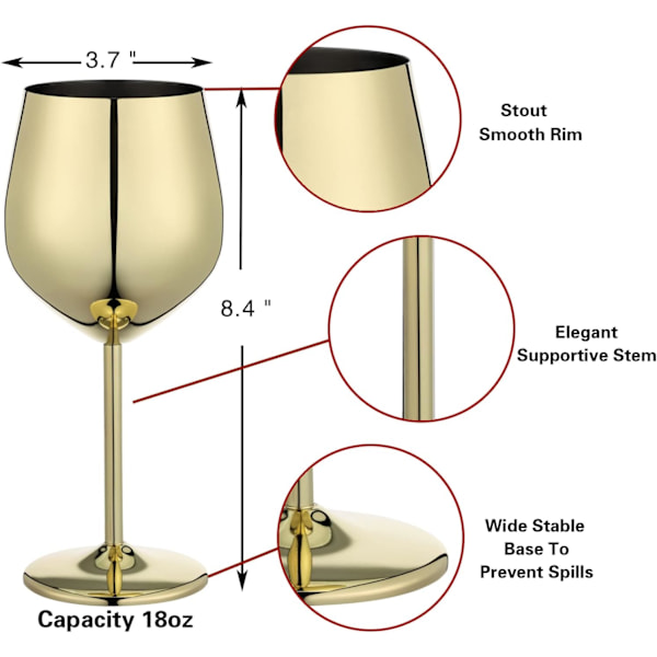 Vinglasssett med 4, 18oz rustfritt stål vinglass, uknuselig og bærbart vinglass med stett for utendørs, reiser, camping og basseng Gold