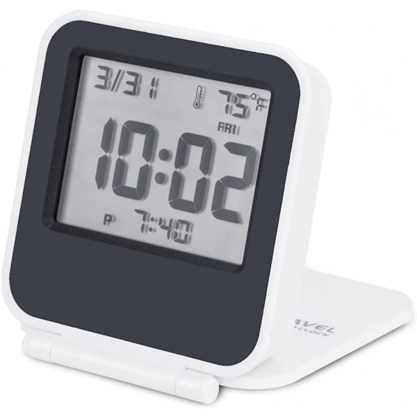 Liten digital reseväckarklocka, batteridriven miniresklocka med bakgrundsbelysning, bärbar hopfällbar minilommekalender temperaturklocka (vit)